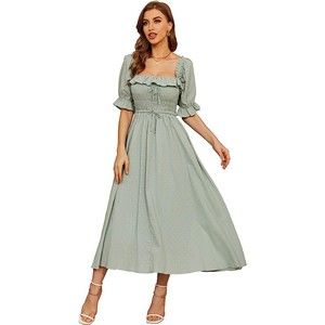 R. Yiposha Square Neck Ruffled Half Sleeve Green Backless Maxi Dress Size L